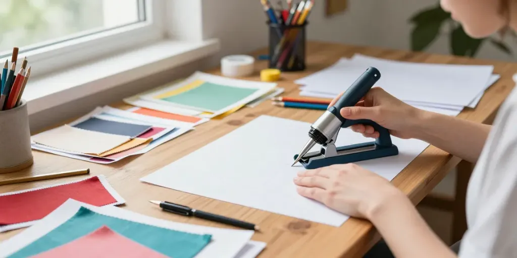 Persona che utilizza una graffettatrice in un laboratorio creativo con materiali vari.