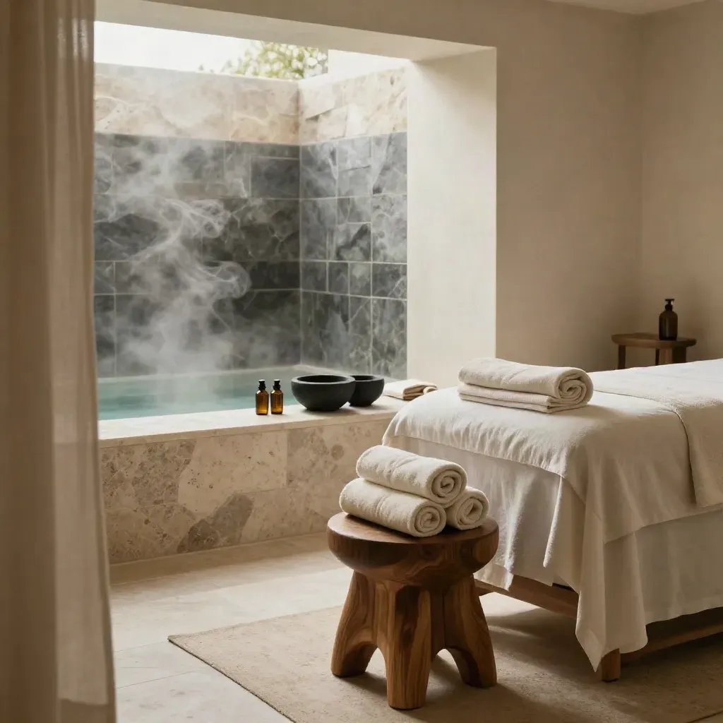 Spa di lusso con lettino massaggi, asciugamani arrotolati, ciotole in pietra lavica e vapore leggero.