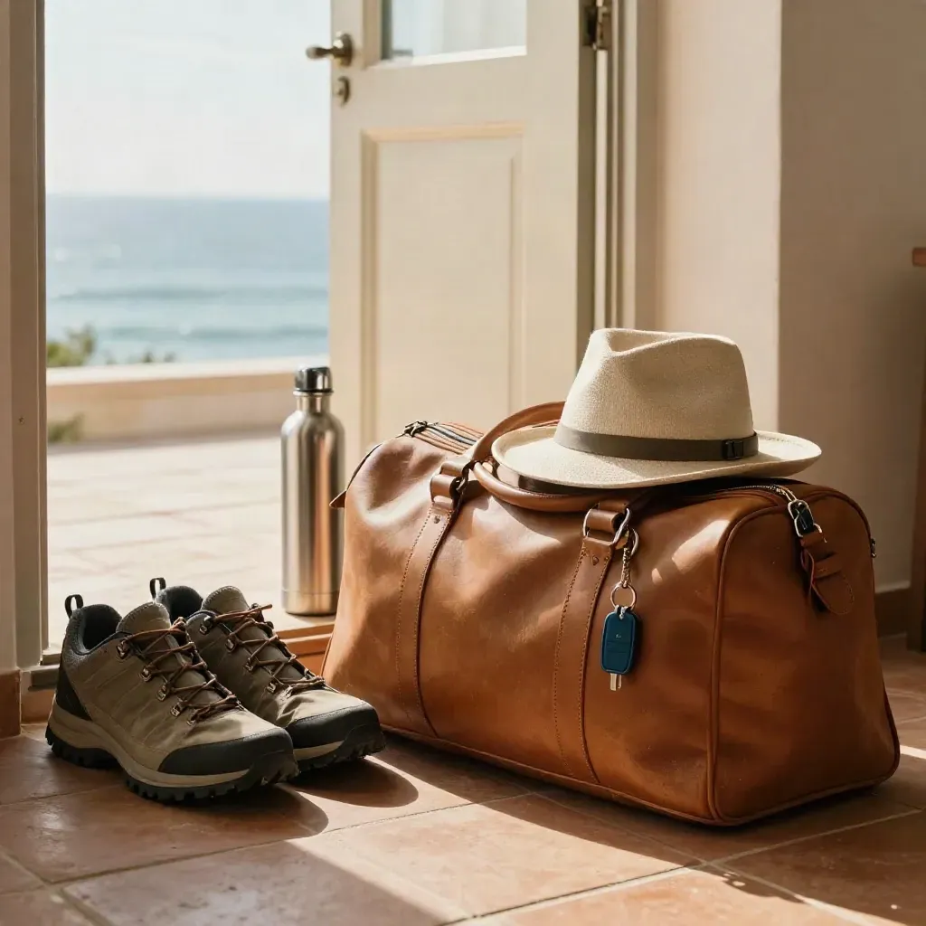 Kit da escursione pronto accanto alla porta con borsa in pelle, scarpe, borraccia e chiavi