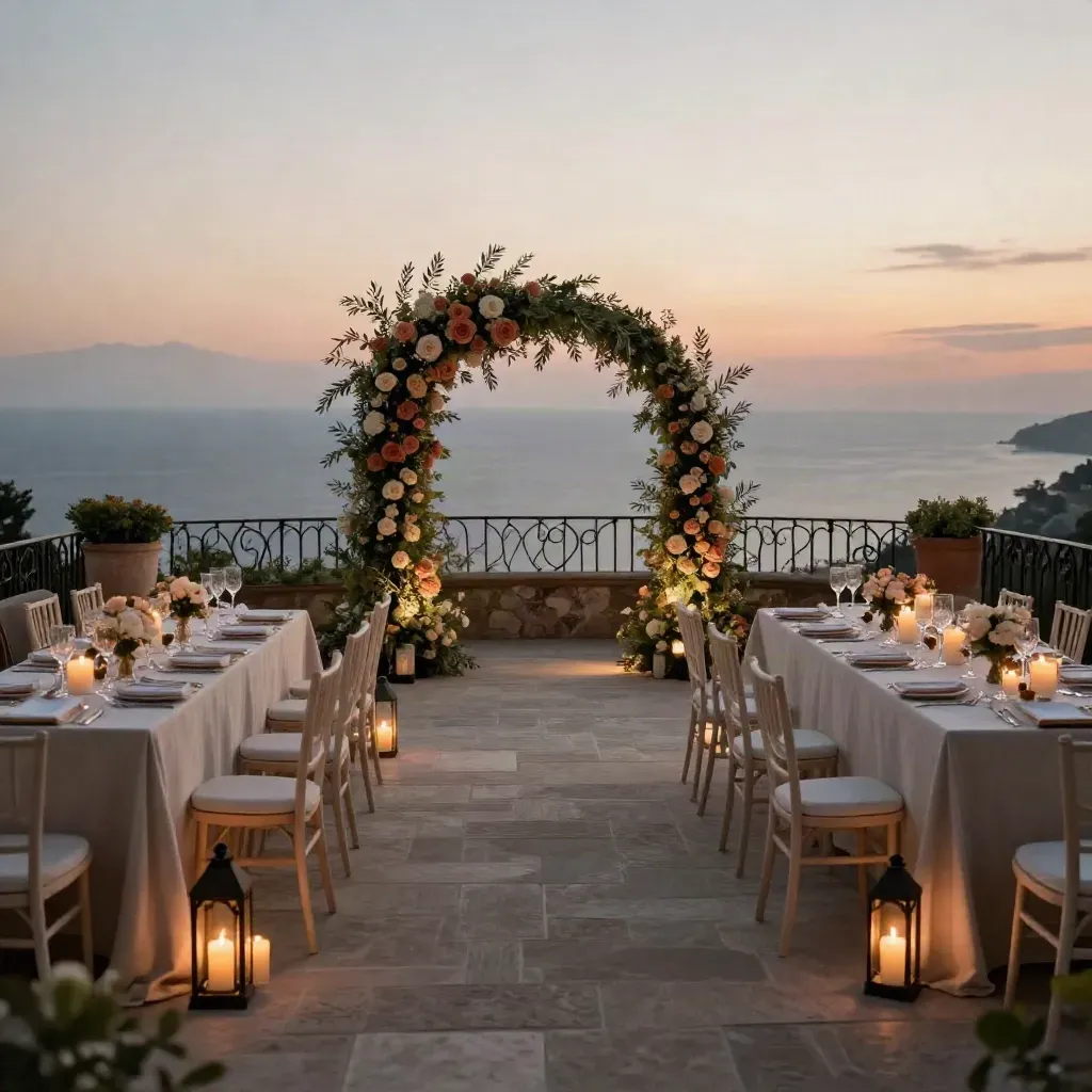 Allestimento nozze al tramonto sulla terrazza vista mare di Taormina Resort.