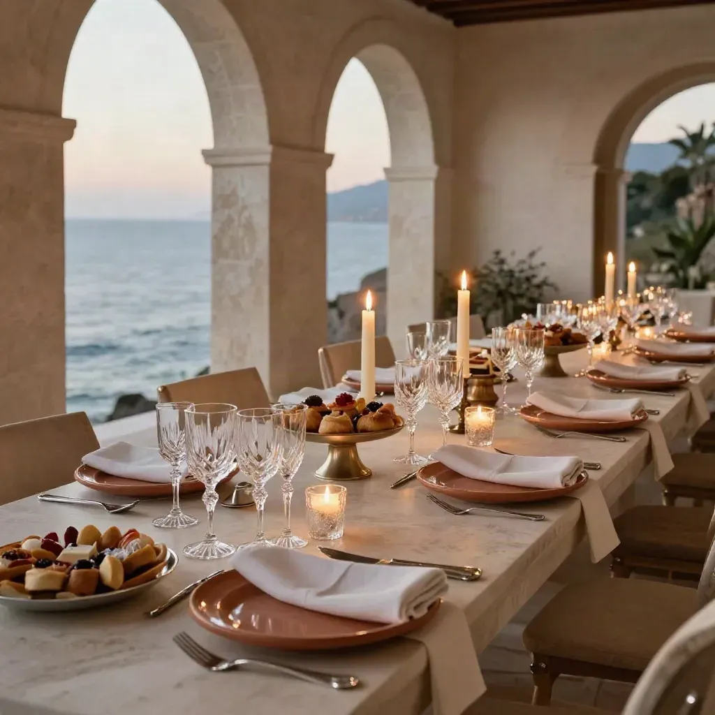 Sala privata sul mare con tavolo lungo apparecchiato, candele e cristalli pronti per 40 ospiti.
