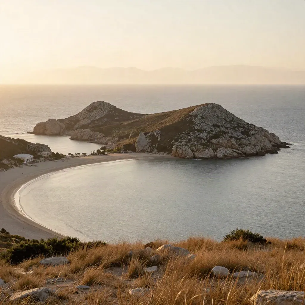 Costa Ionica al tramonto con spiagge curve, scogli e mare calmo