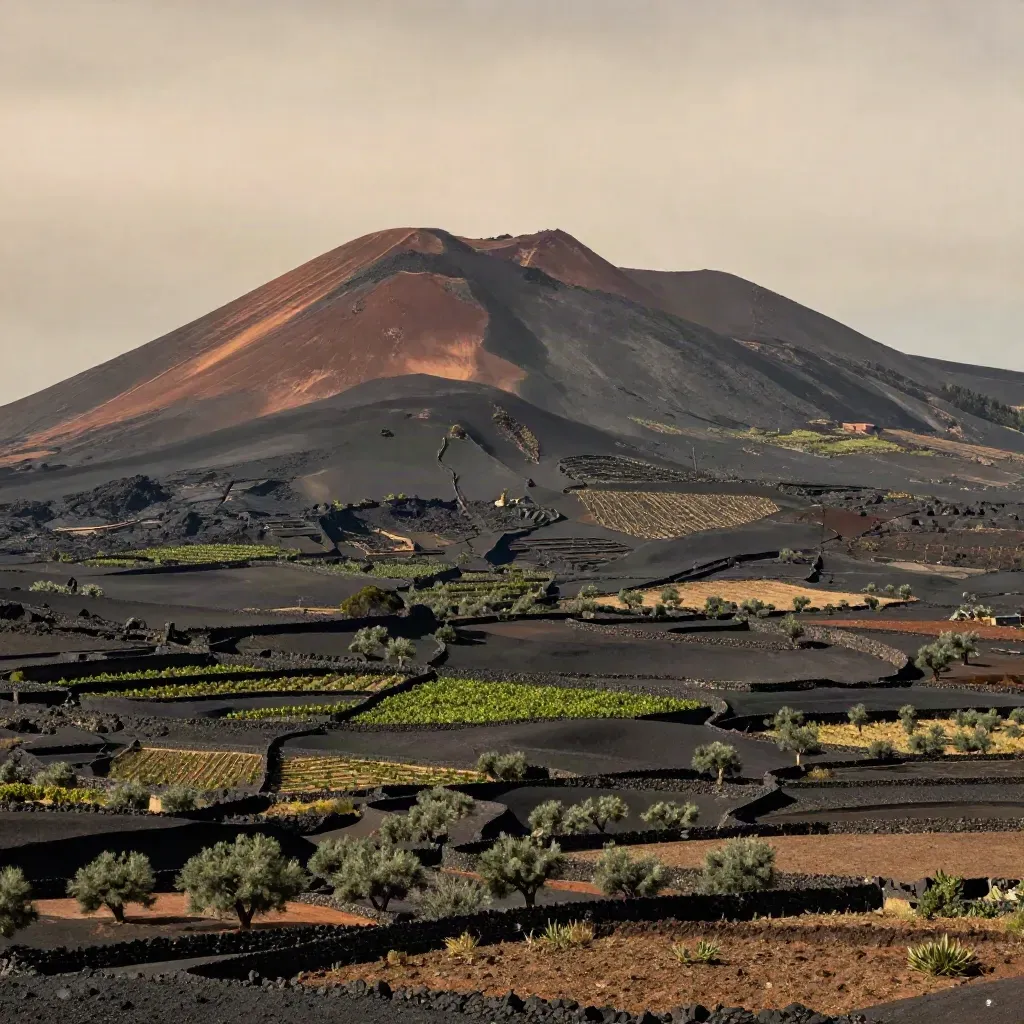 Etna con vigneti terrazzati, muretti in pietra e foschia calda