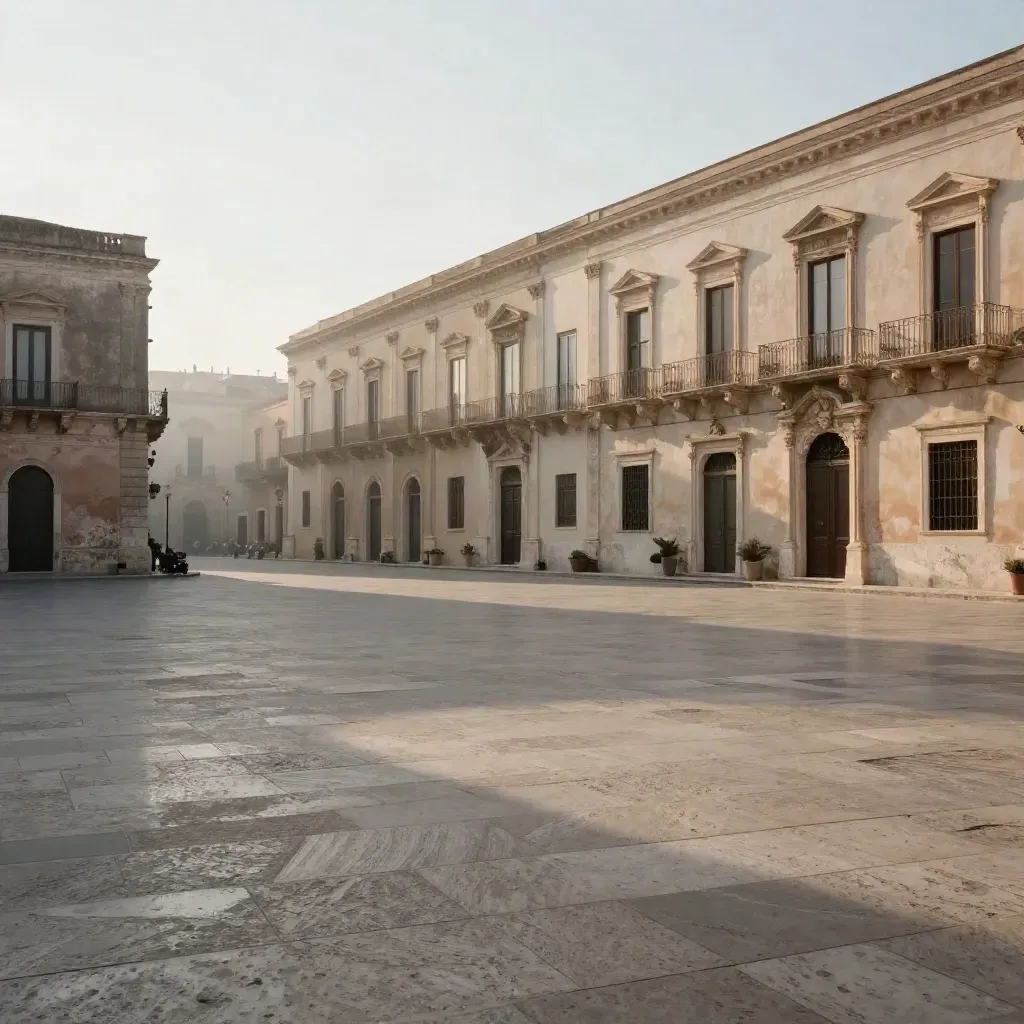 Facciate barocche chiare e piazza di pietra calcarea in Sicilia Orientale, avvolte da luce mattutina.
